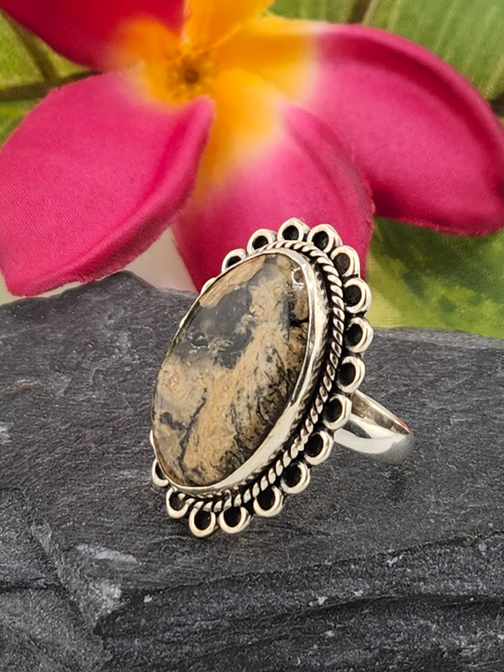 Tiger Dendritic Agate Ring & 925 Sterling Silver Size 6