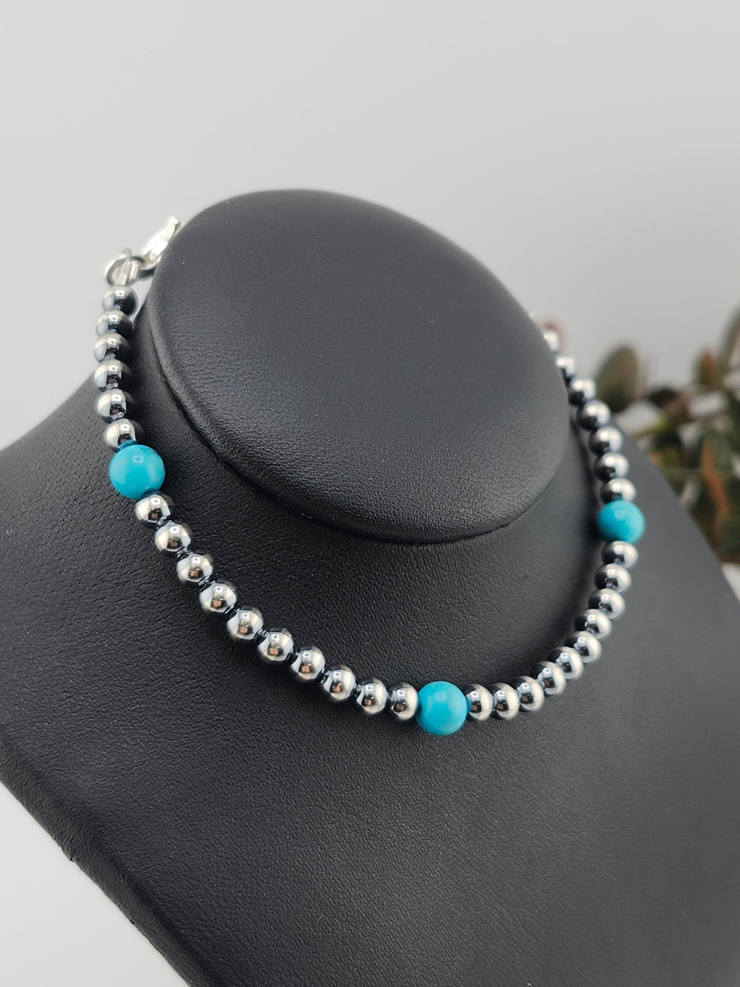 4mm and 6mm Kingman Turquoise and Oxidized 925 Sterling Silver Bead and Saucer Bracelet - 8"+1"