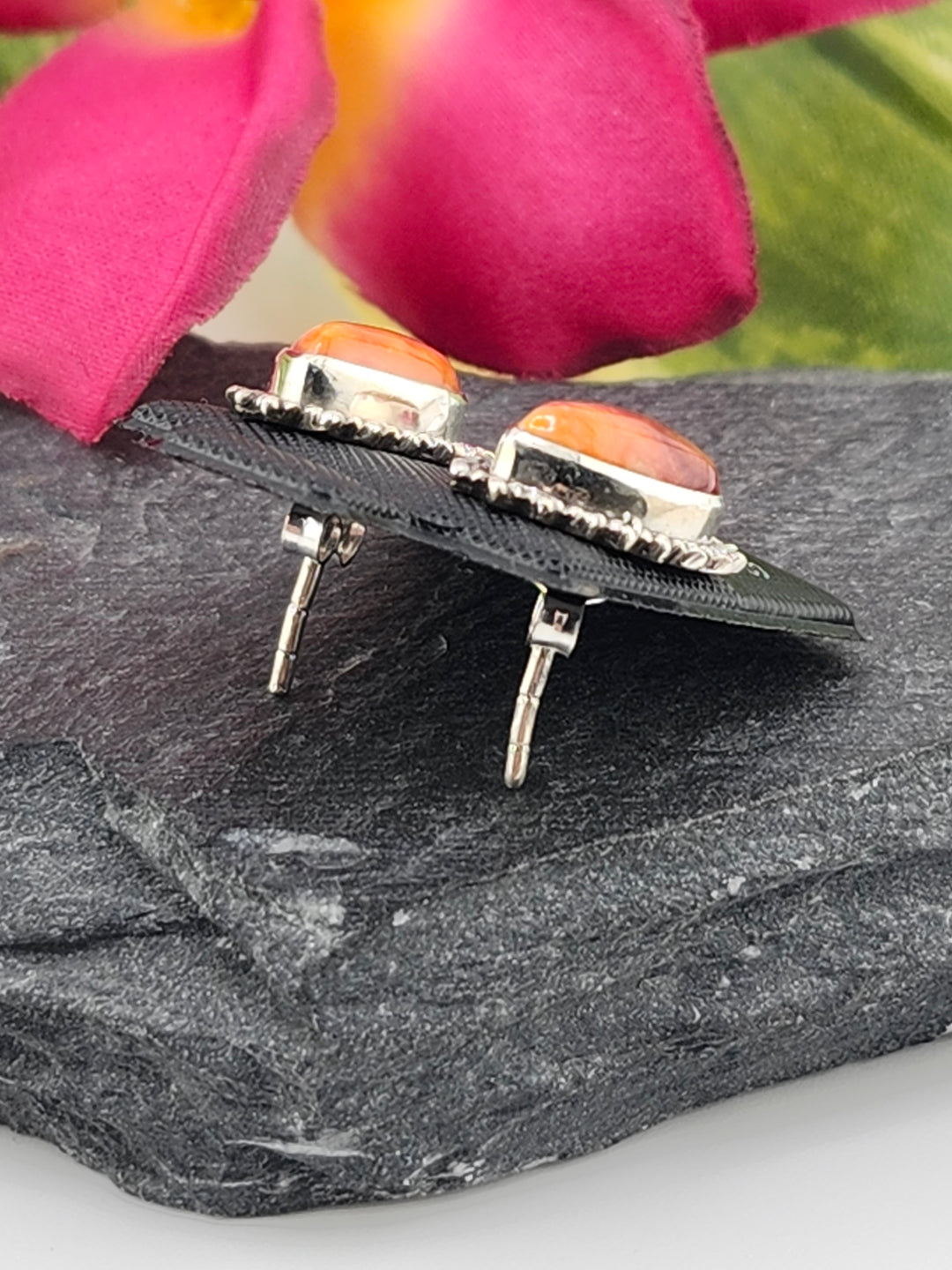 Orange Spiny Oyster Teardrop Stud Earrings