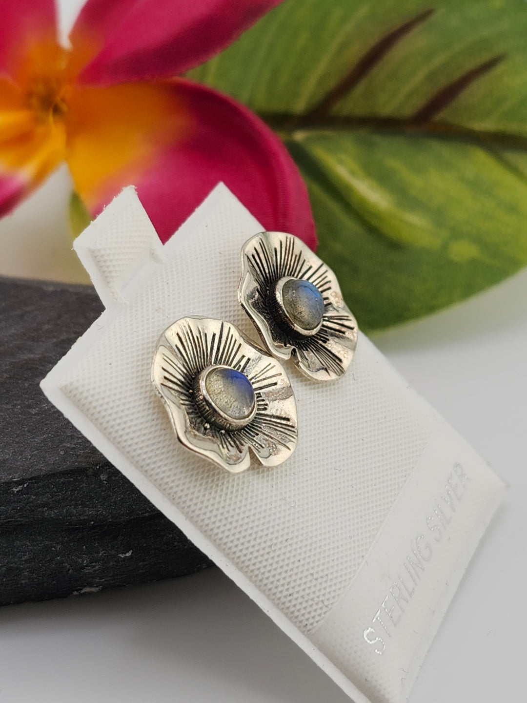 Labradorite Flower & 925 Sterling Silver Stud Earrings