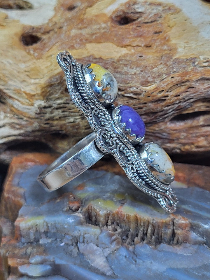 Natural Bumblebee Jasper and Charoite 925 Sterling Silver Triple Stone Ring - Size 9 1/2