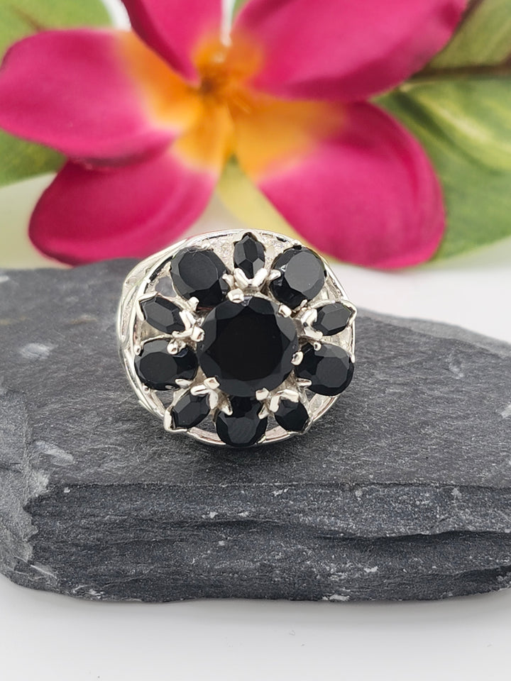 Cluster Black Onyx Flower Ring Size 10