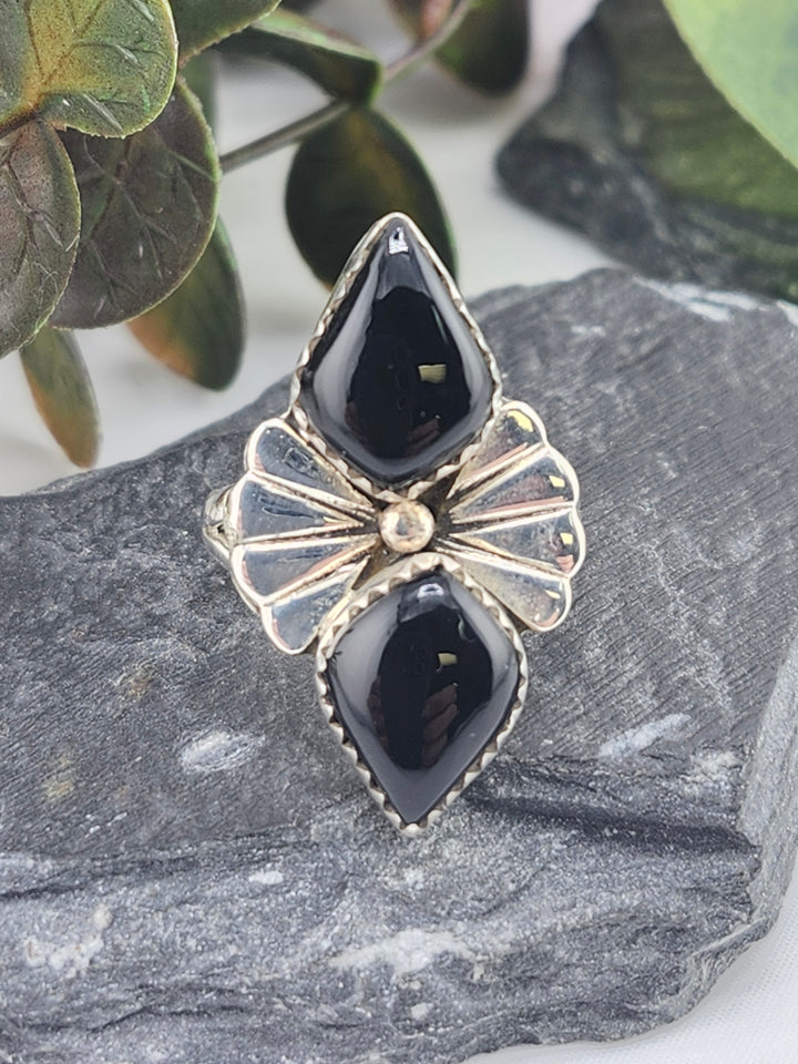 Black Onyx Double Stone and 925 Sterling Silver Ring - Size 9