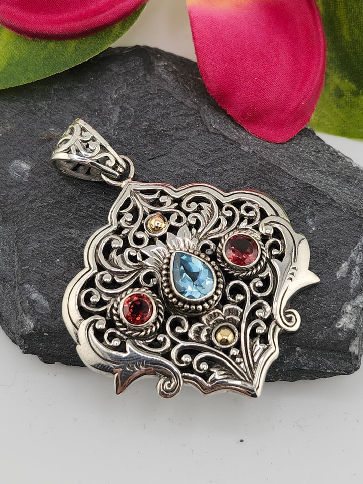 Topaz/Garnet & 18k Accented Bali Pendant