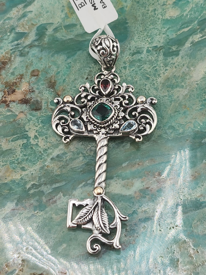 Bali 925 Sterling Silver/18K and Mixed Gemstone Key Pendant