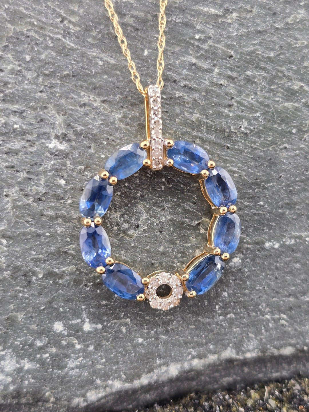 14k Gold Sapphire & Diamond Halo Circle Pendant on 14k Gold 18" Chain