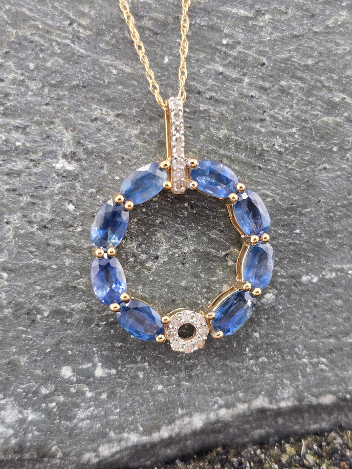 14k Gold Sapphire & Diamond Halo Circle Pendant on 14k Gold 18" Chain