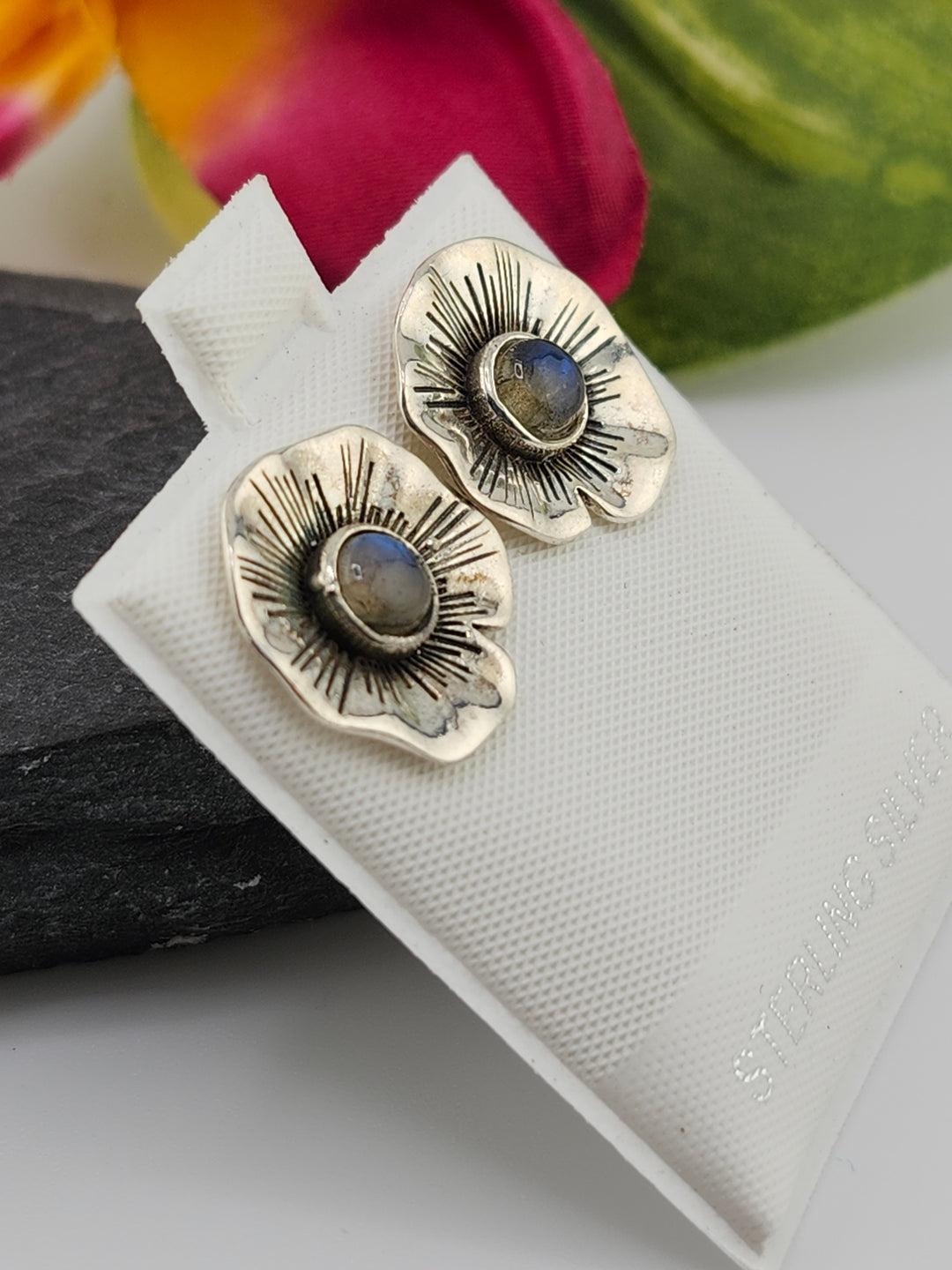 Labradorite Flower & 925 Sterling Silver Stud Earrings
