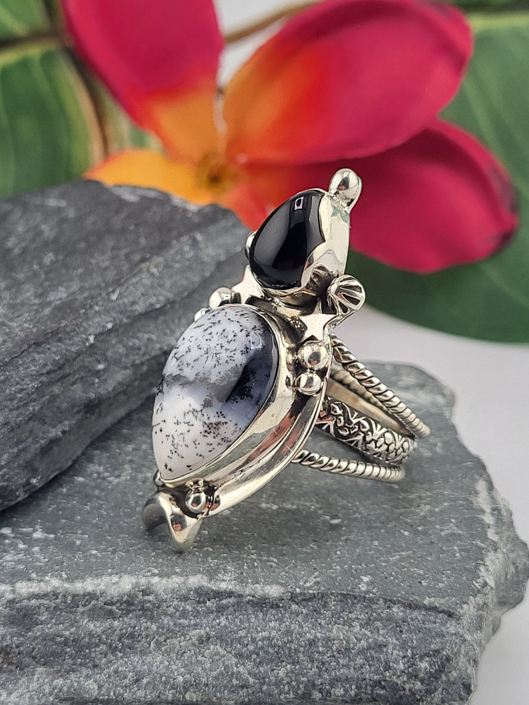 Dendritic Opal & Black Onyx Ring Size 9