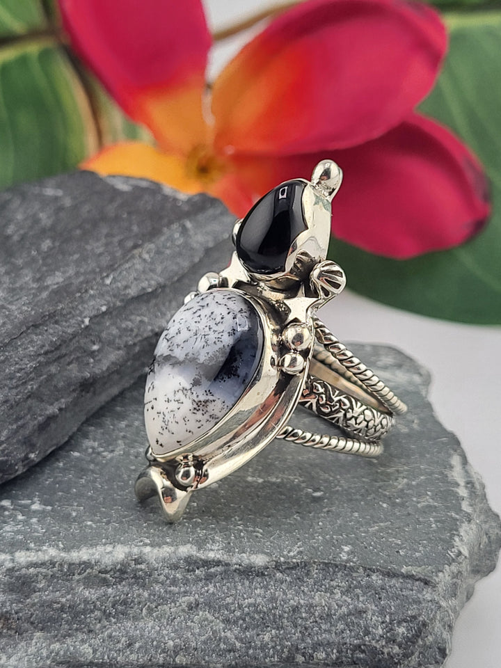 Dendritic Opal & Black Onyx Ring Size 9