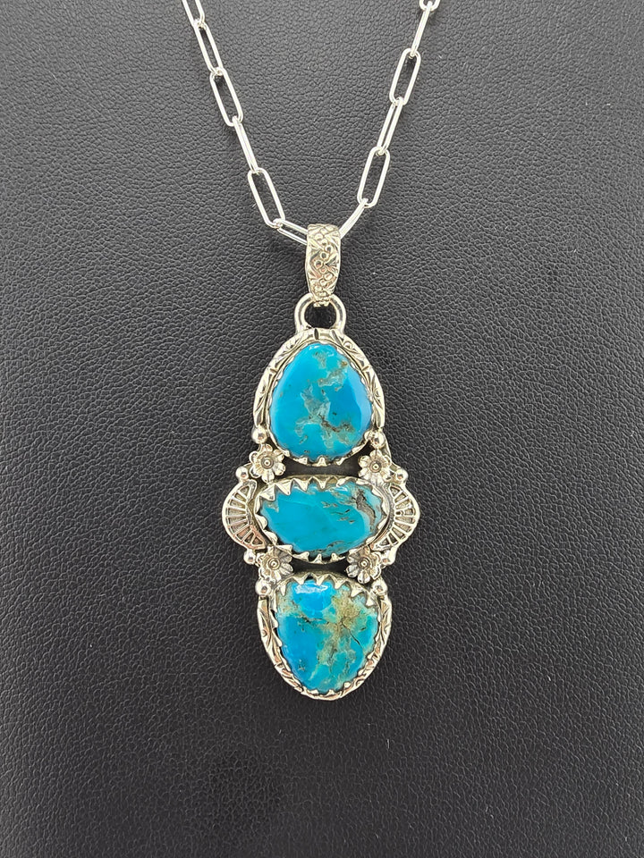 Raw Kingman Turquoise triple stone 925 sterling silver pendant w/ 18" 3mm paperclip Chain