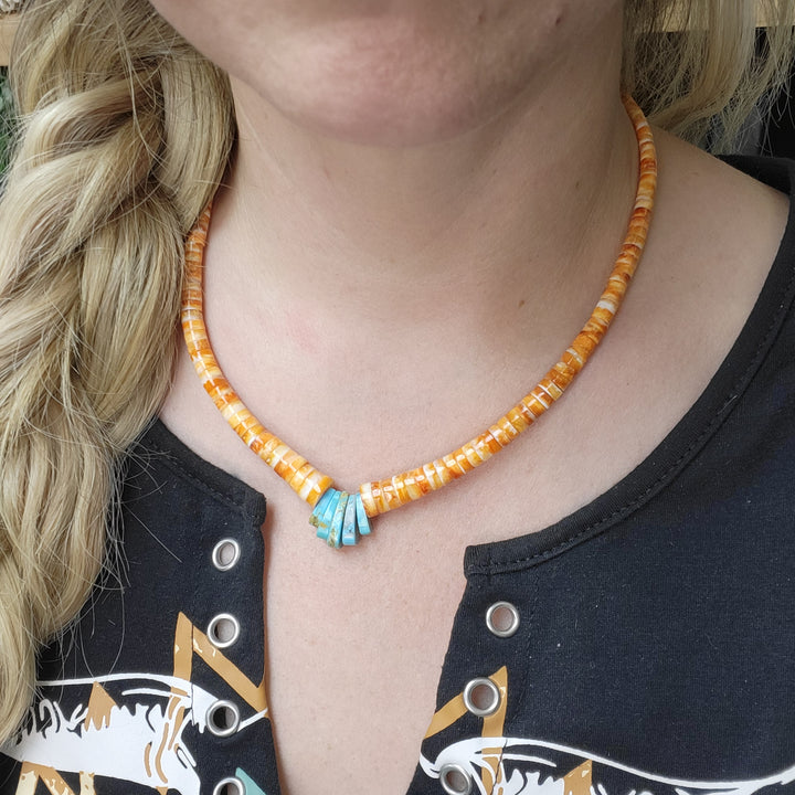 Orange Spiny Oyster, Turquoise, and sterling silver graduated bead necklace