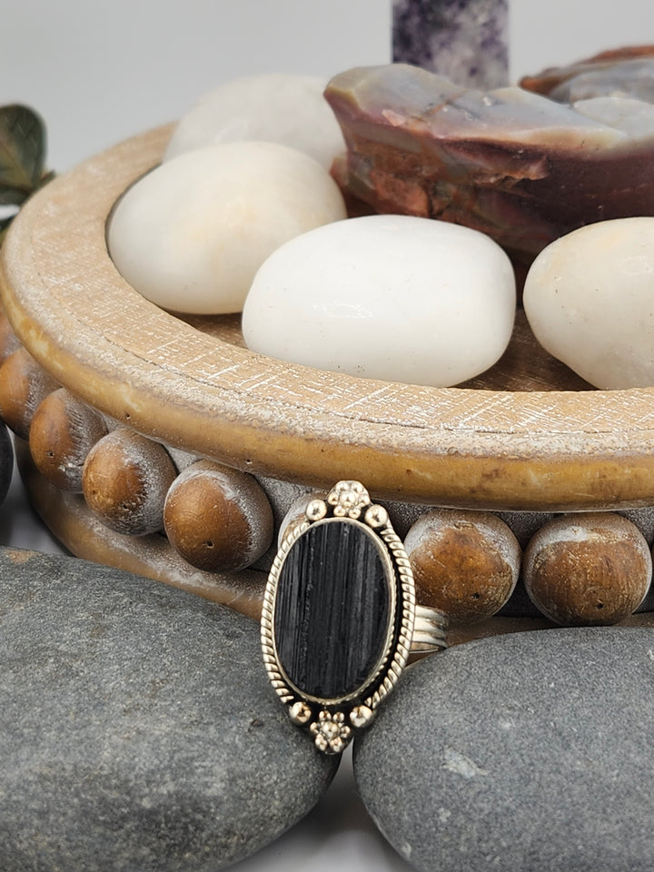 Raw Black Tourmaline 925 Sterling Silver Ring Size 9