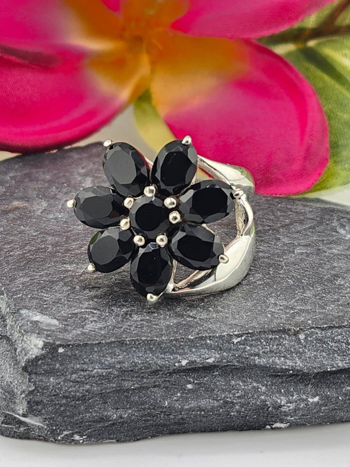 Cluster Black Onyx Flower Ring Size 6