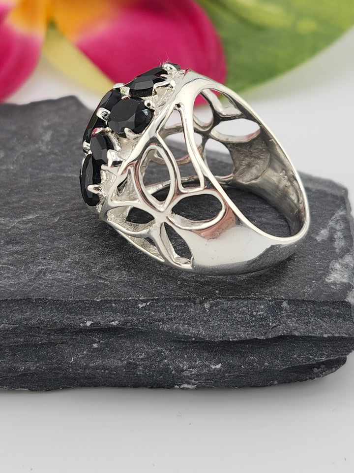 Cluster Black Onyx Flower Ring Size 10