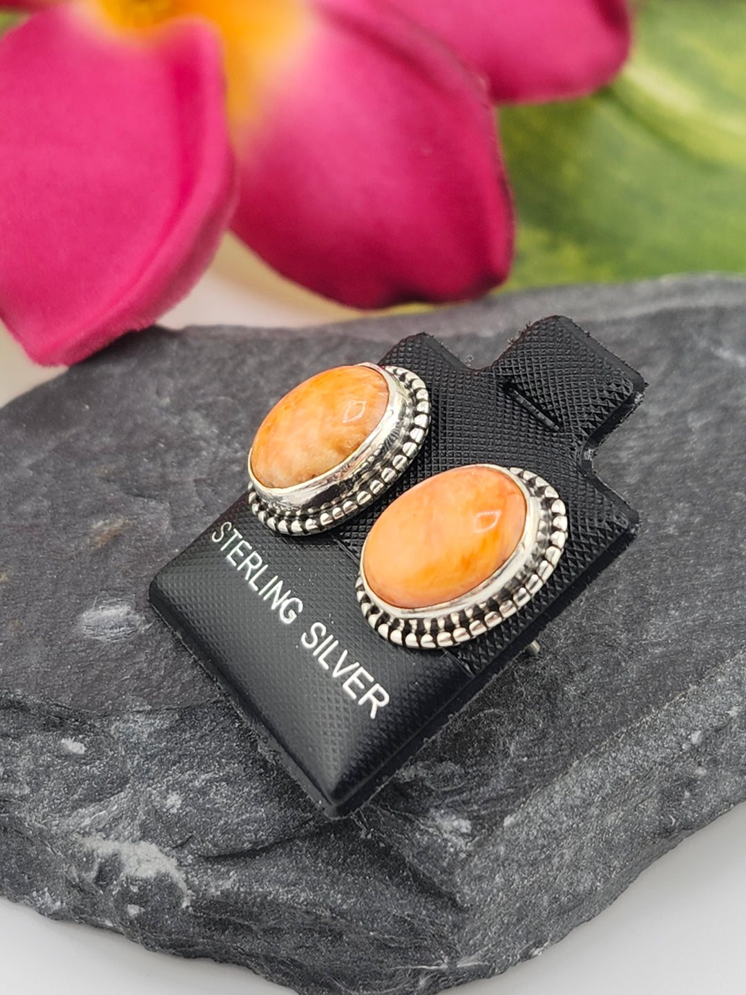 Orange Spiny Oyster Oval Stud Earrings