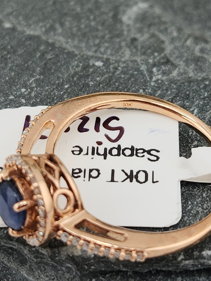 10K Rose Gold Diamond and Blue Sapphire Ring