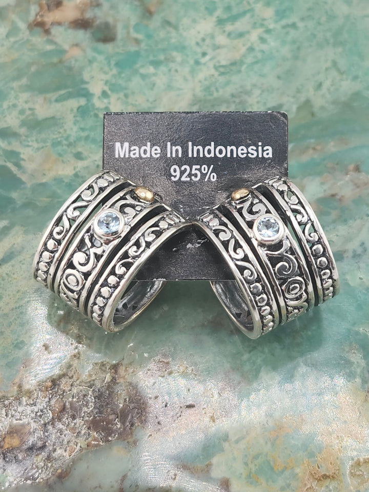 Bali 925 Sterling Silver/18k and Topaz Stud Hoop Earrings