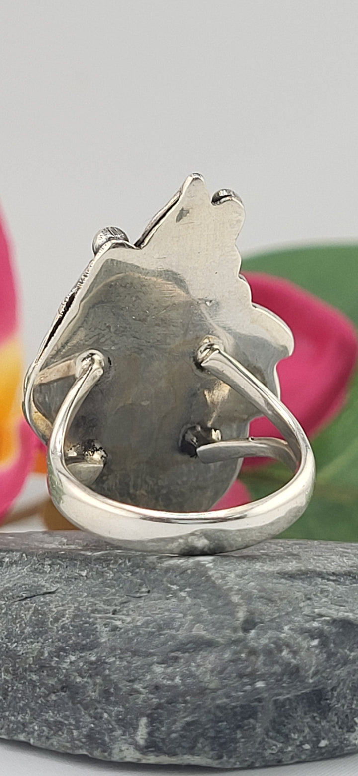 Charoite Teardrop & 925 Sterling Silver Leafs Ring Size 10