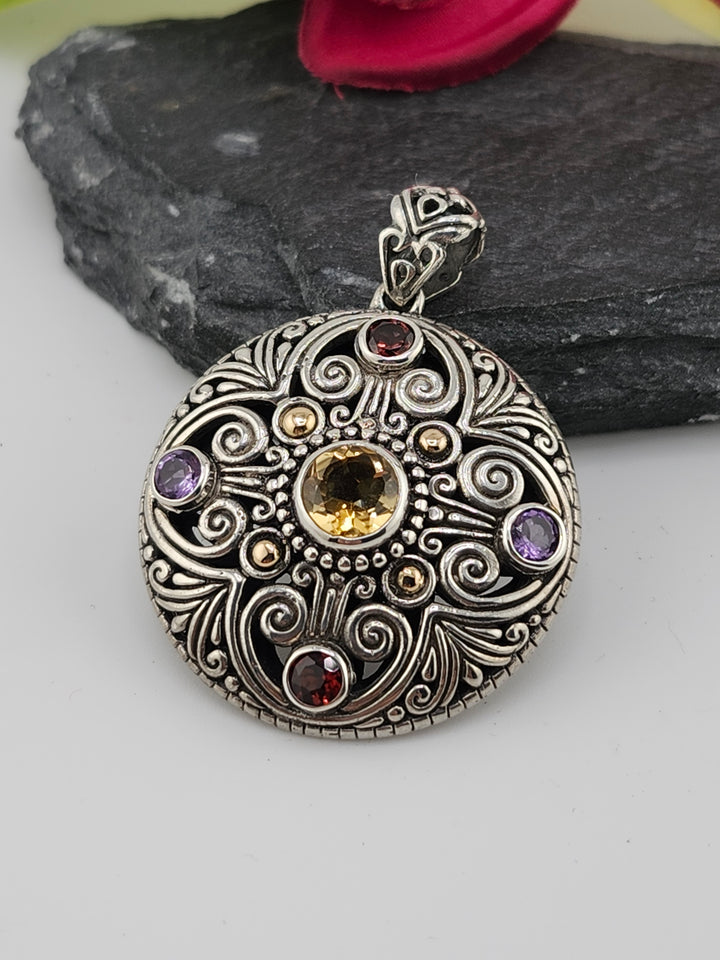 Citrine/Amethyst/Garnet & 18k Accented Bali Pendant