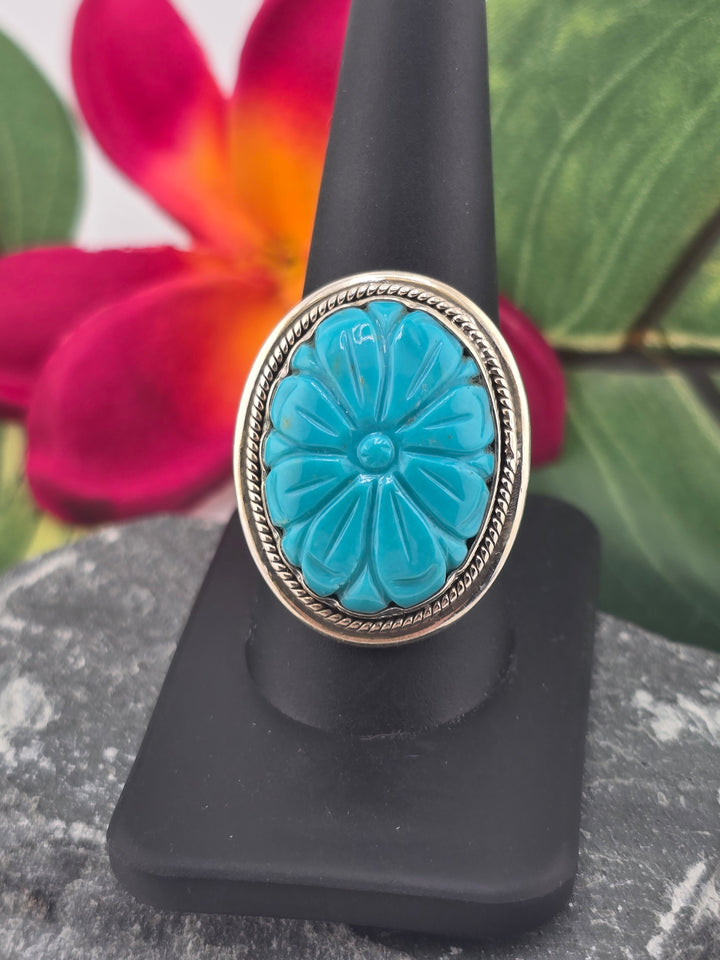 Carved American Turquoise sterling silver 925 ring size 10