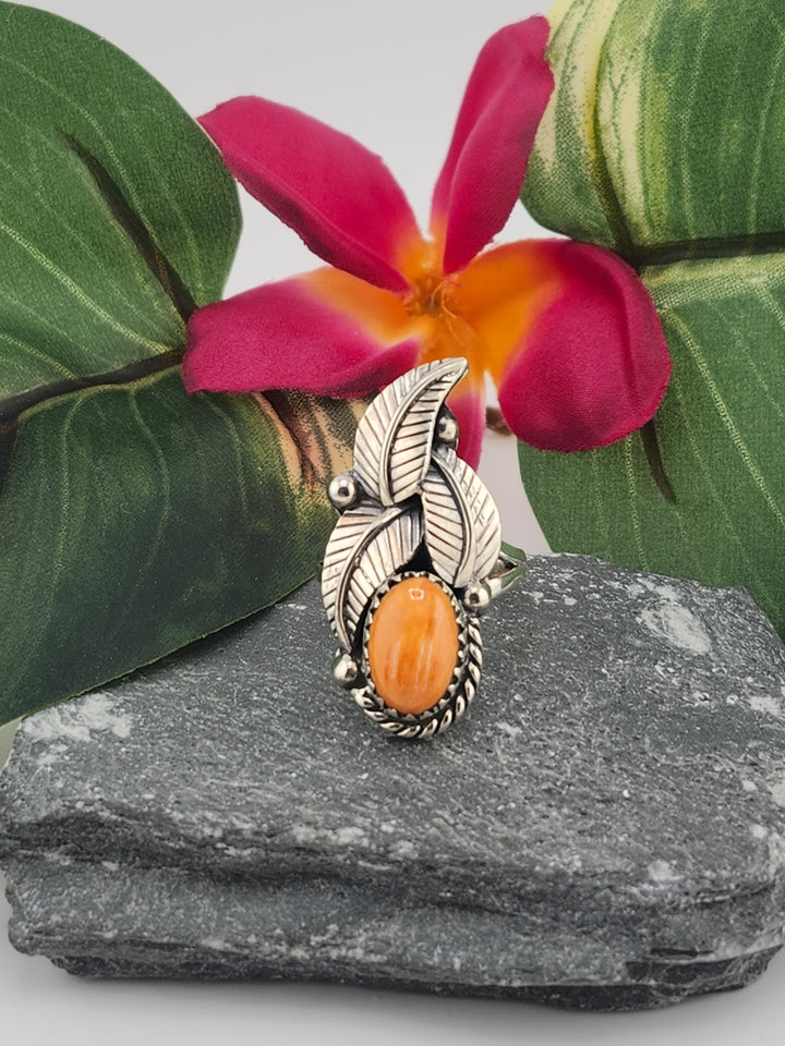 Orange Spiny Oyster Feather Ring Size 7