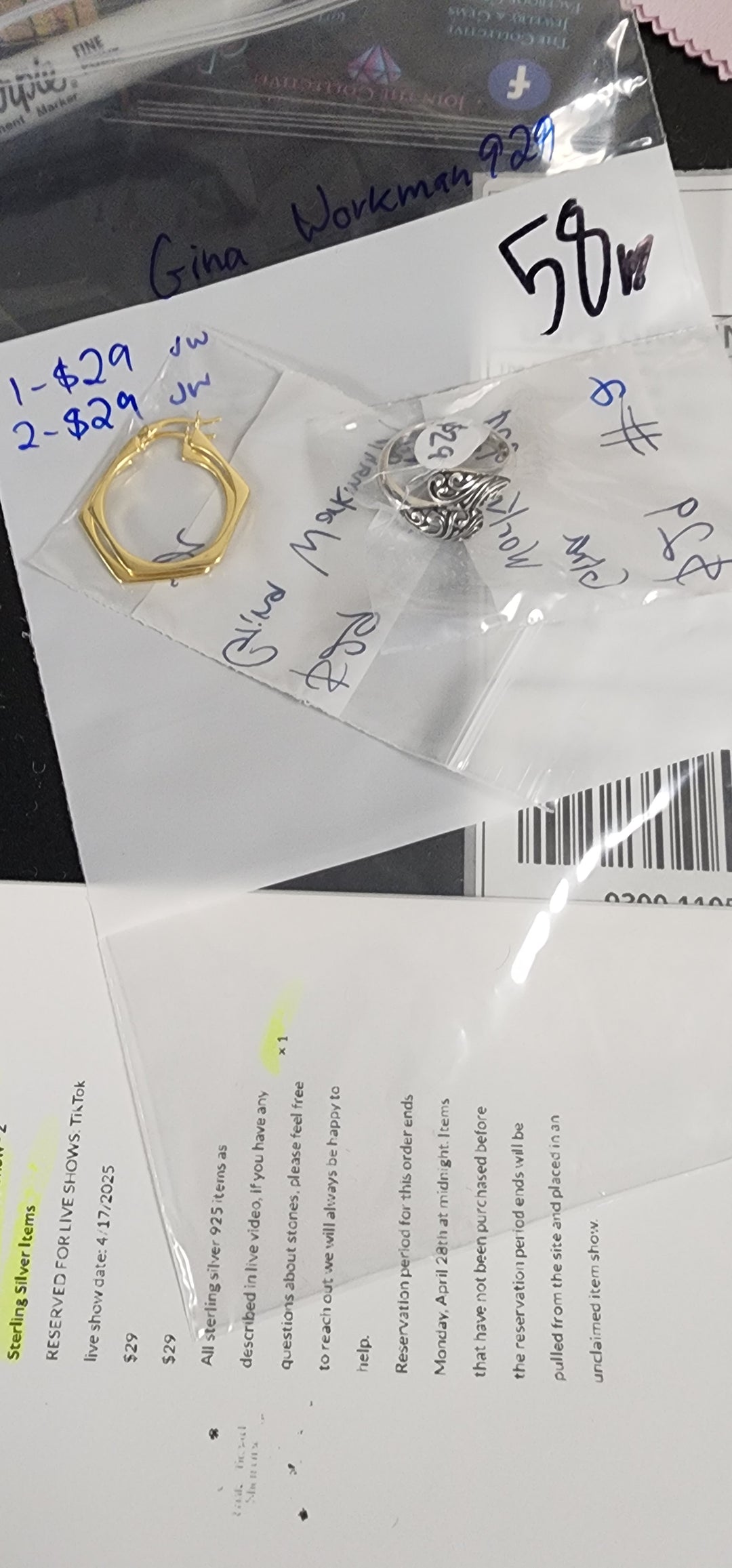 RESERVED FOR:  Gina Workman929- 4/17/2025 tiktok Live Show - 2 Sterling Silver Items