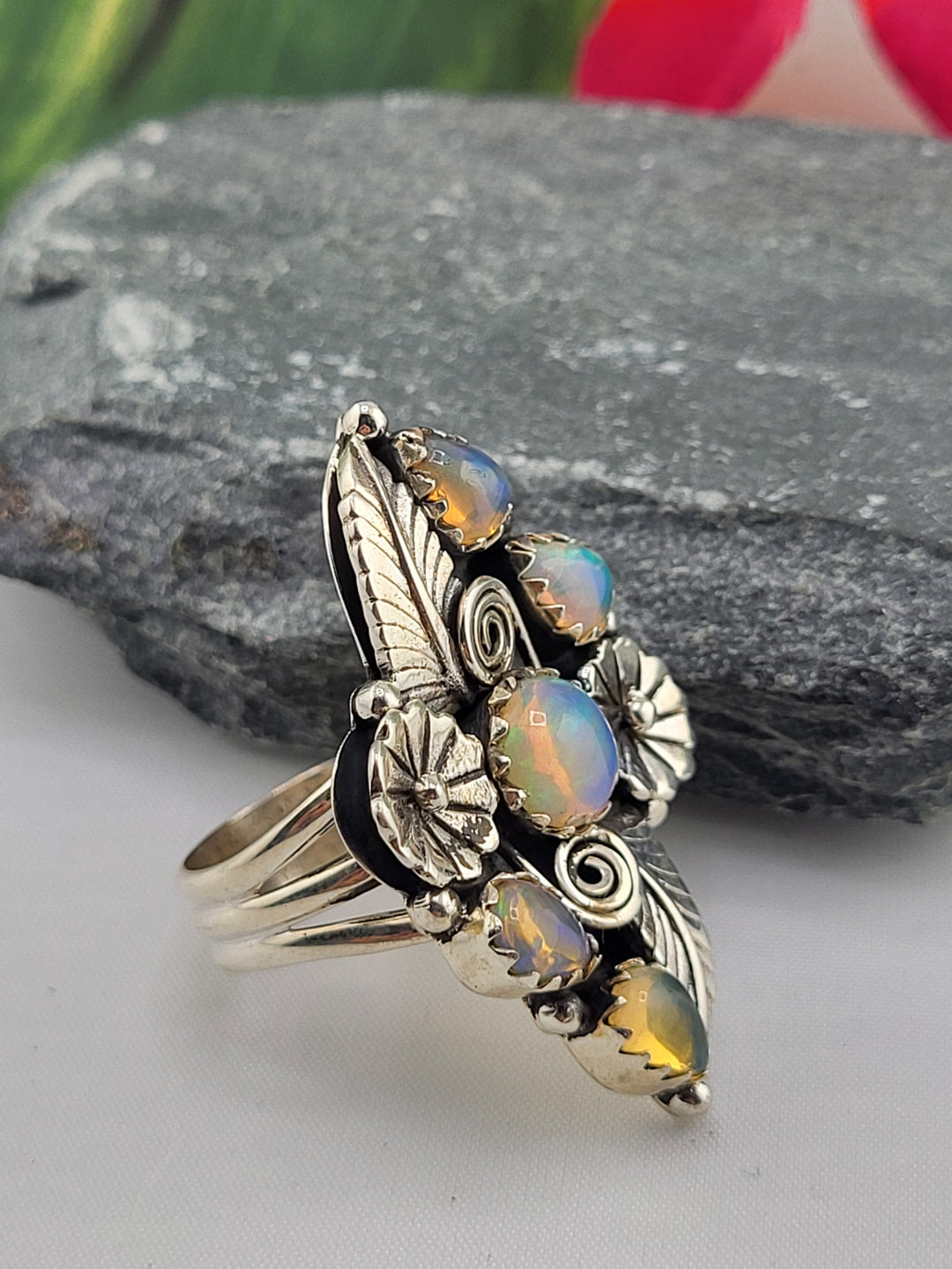 5 stone Ethiopian Opal Cluster Ring Size 8