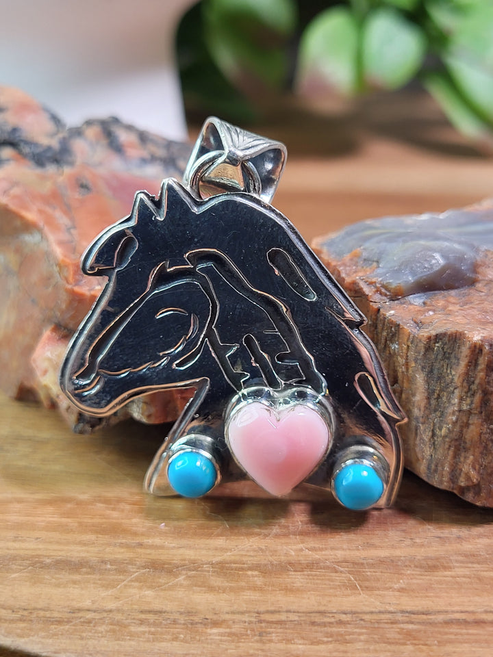 Natural Queen Conch & Turquoise Horse Pendant 925 Sterling Silver