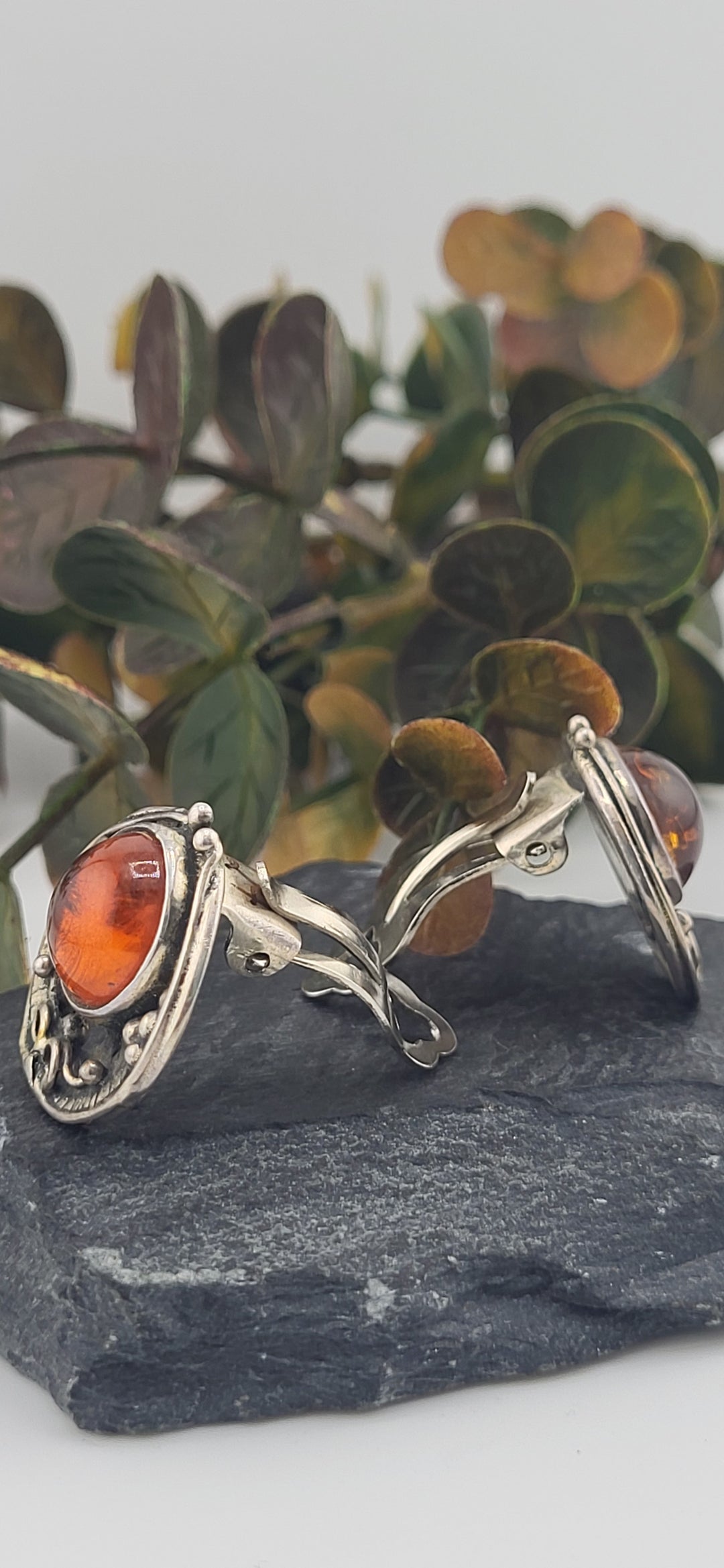 Designer SOMS 925 Sterling Silver &amp; Baltic Amber Clip On Earrings