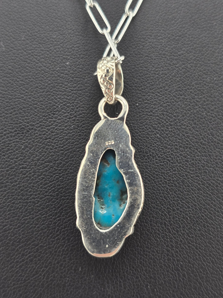 Raw Kingman Turquoise 925 sterling silver pendant w/ 18" 3mm paperclip Chain