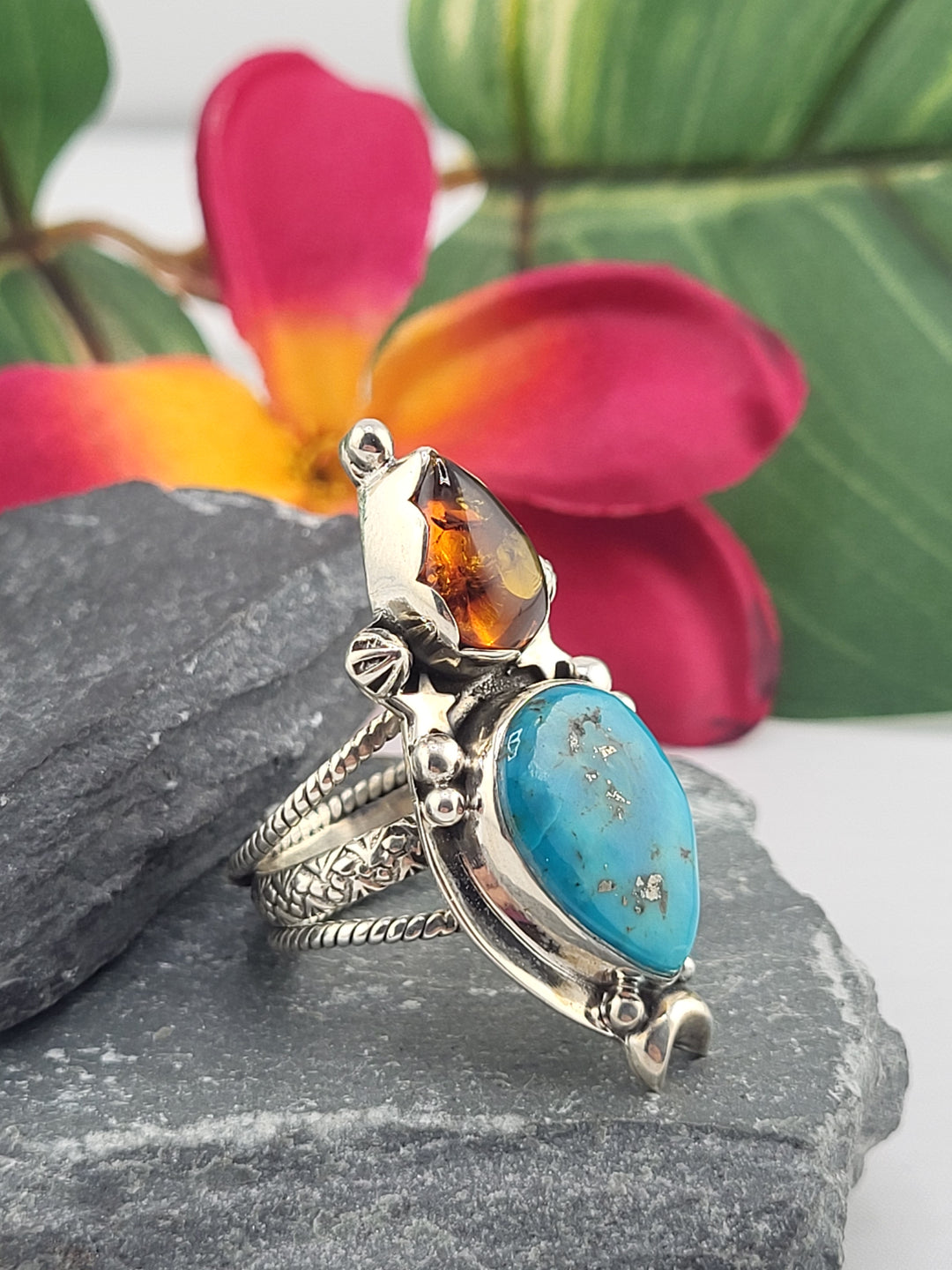 Turquoise & Baltic Amber Ring Size 9