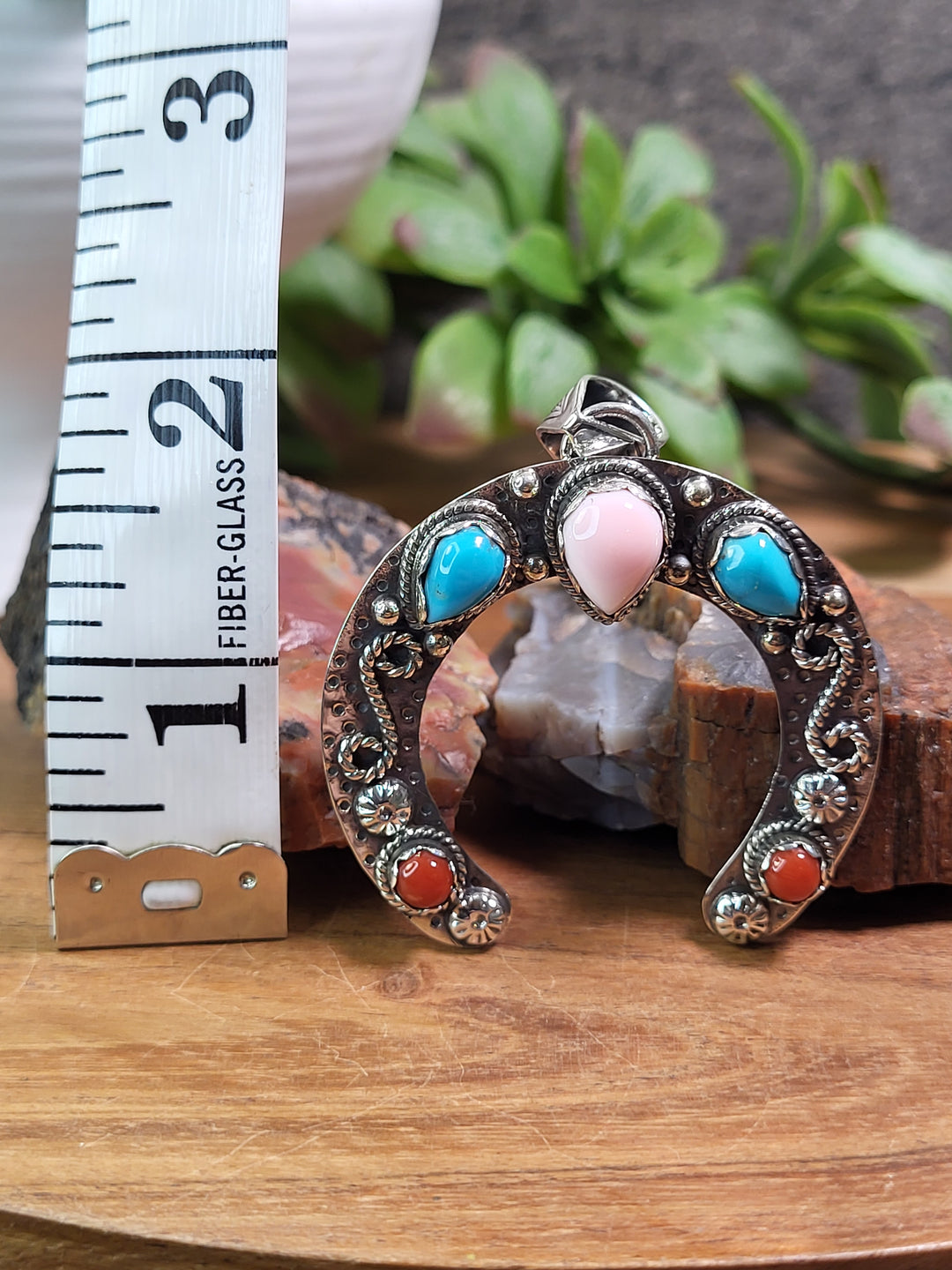 Natural Queen Conch, Turquoise, & Coral Horseshoe Pendant 925 Sterling Silver