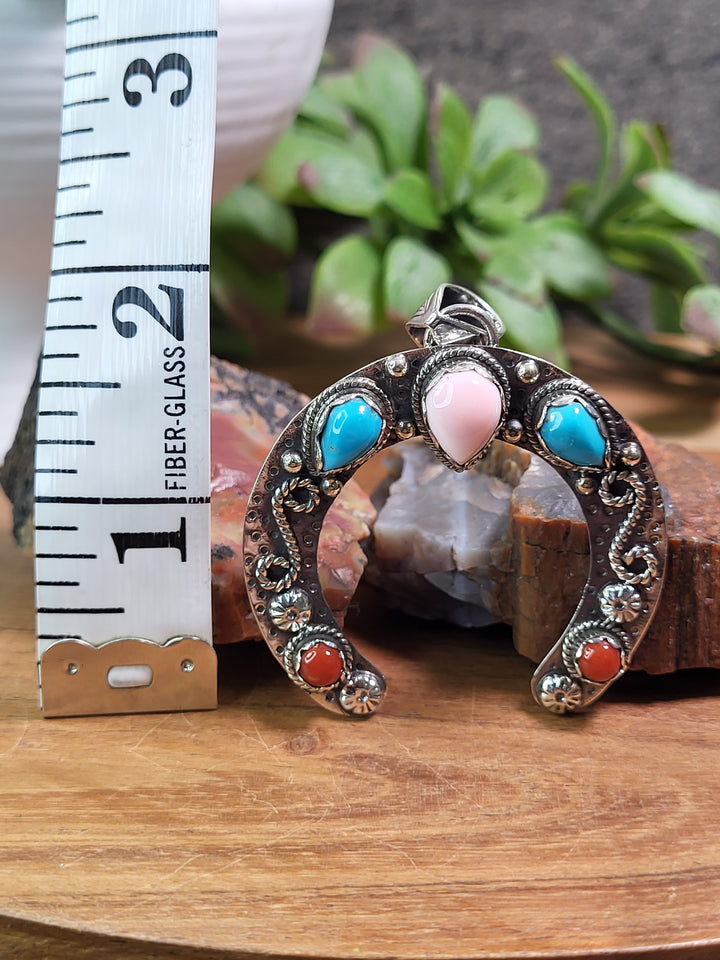 Natural Queen Conch, Turquoise, & Coral Horseshoe Pendant 925 Sterling Silver