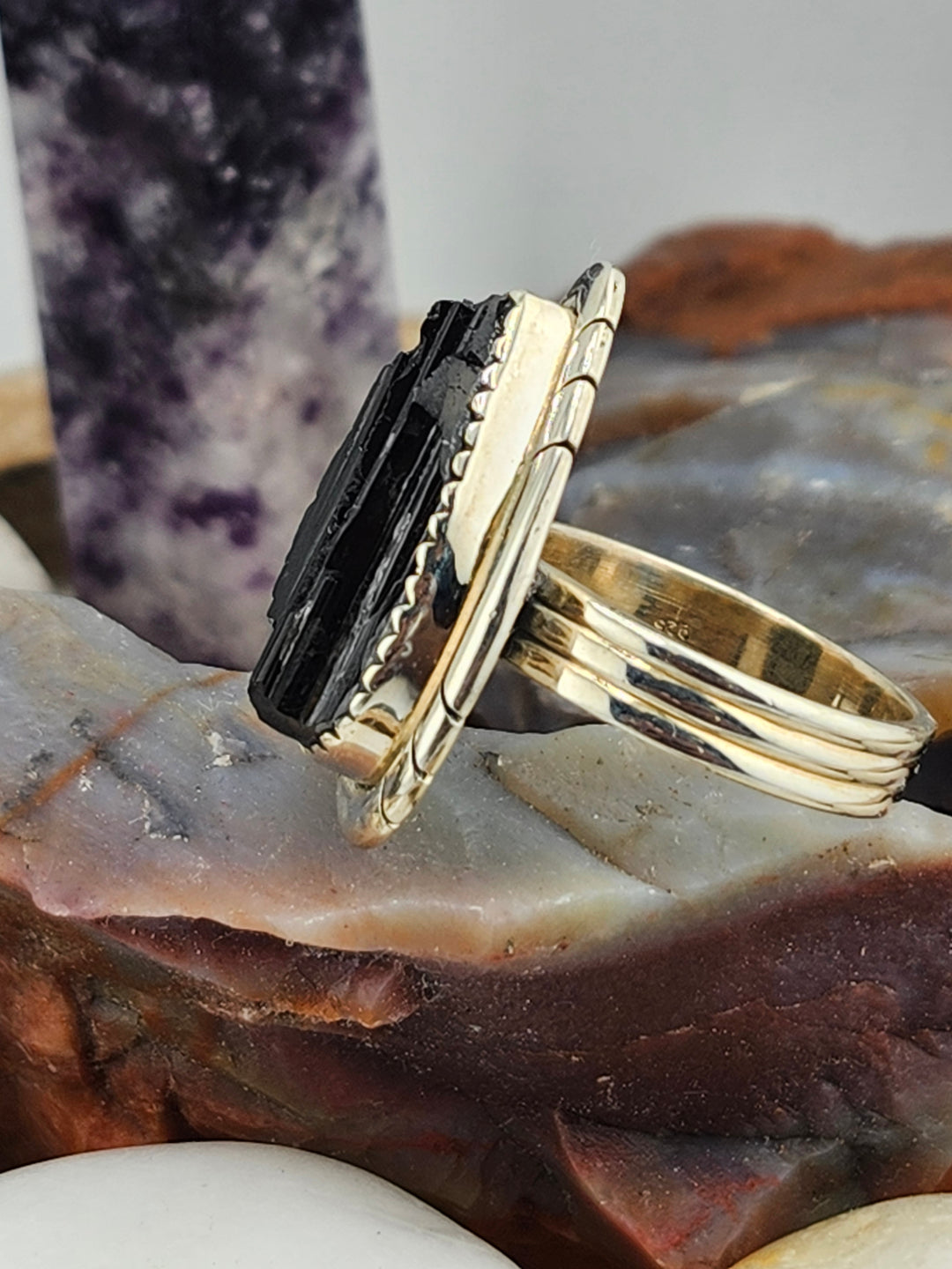 Raw Black Tourmaline 925 Sterling Silver Ring Size 8