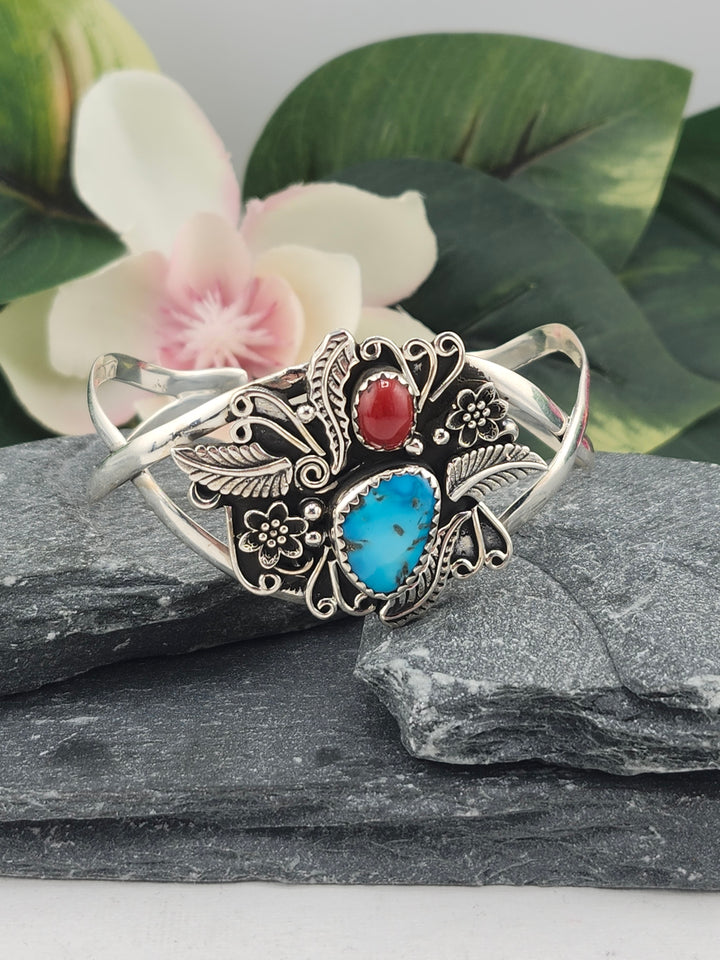 Turquoise and Red Coral Cuff - 7"