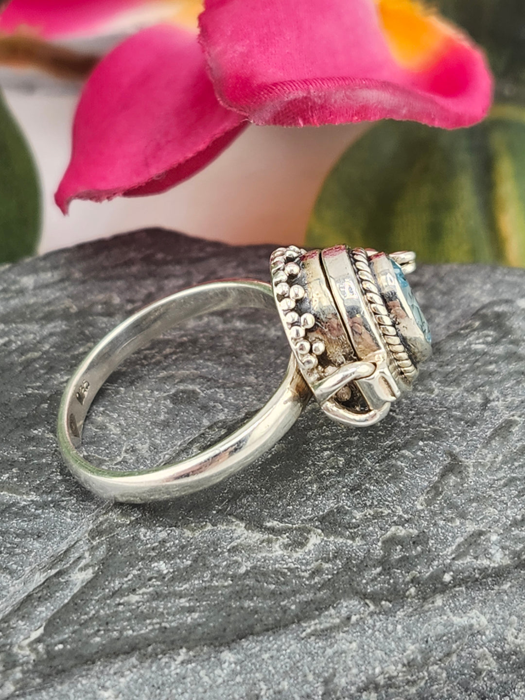 Blue Topaz and 925 Sterling Silver Locket Ring - Size 7.75