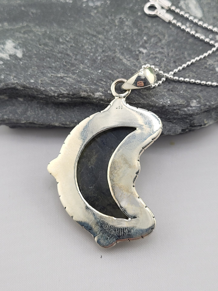 Carved Blue Labradorite Crescent Moon Necklace