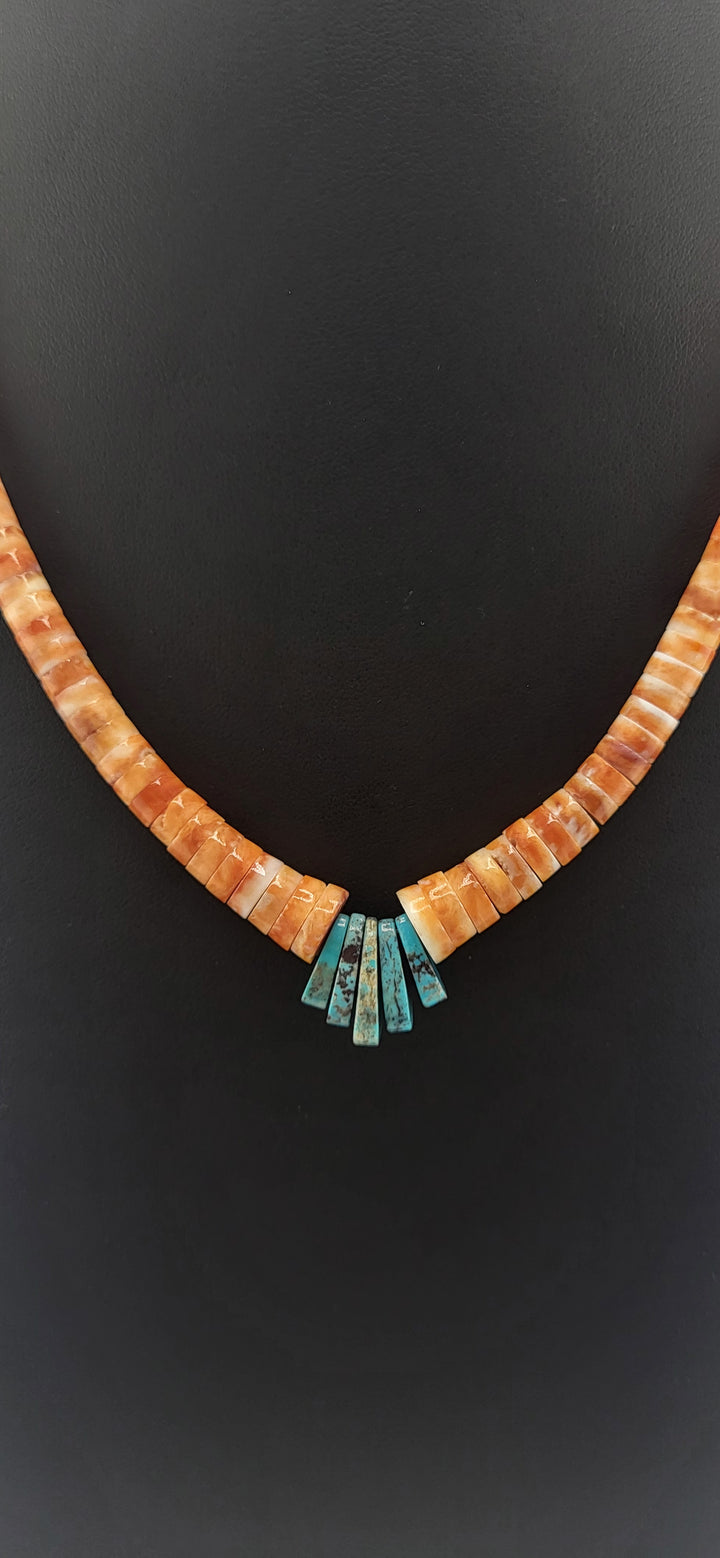 Orange Spiny Oyster, Turquoise, and sterling silver graduated bead necklace