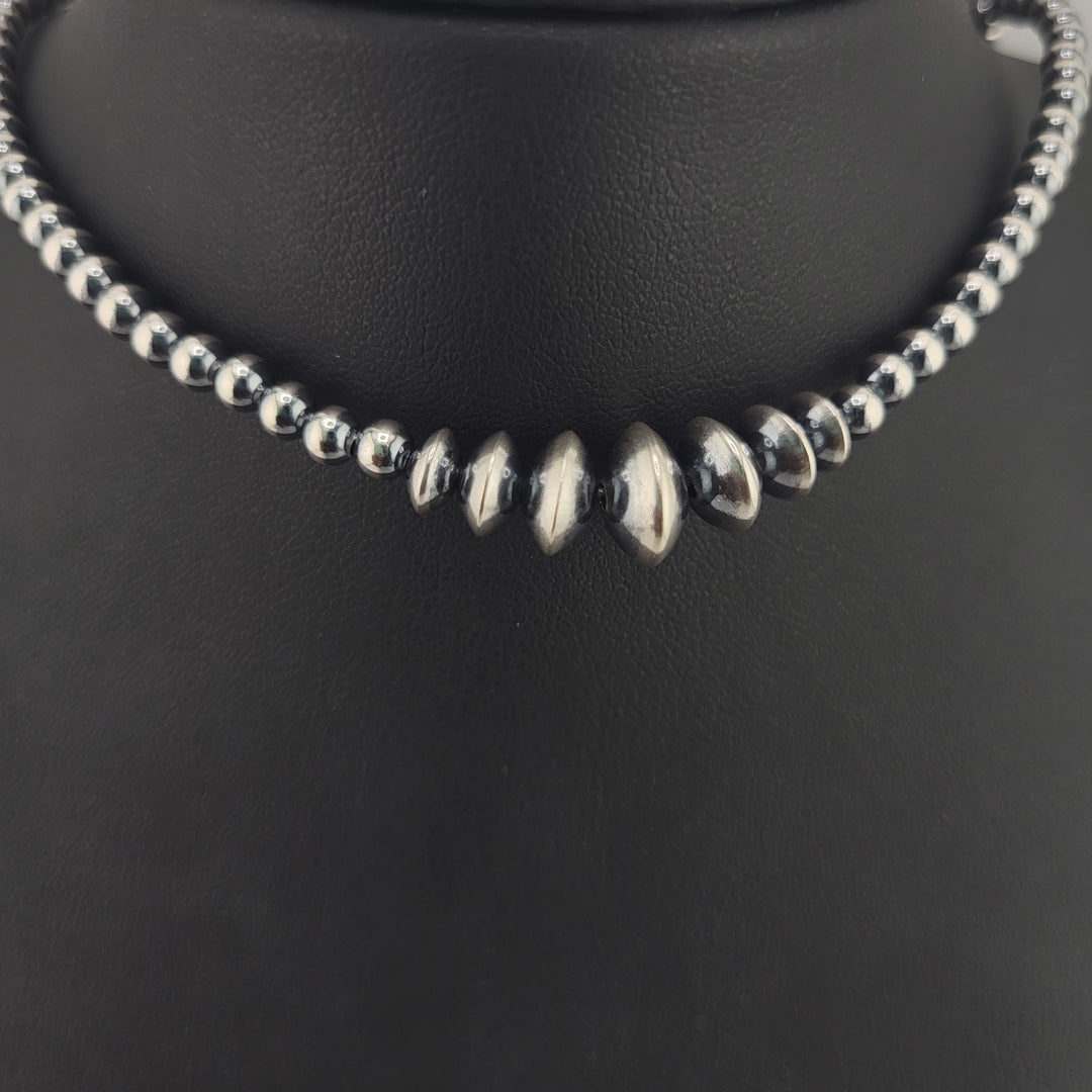 Graduated 4/6/7/8/10mm 24"+2" Oxidized 925 Sterling Silver Bead Necklace