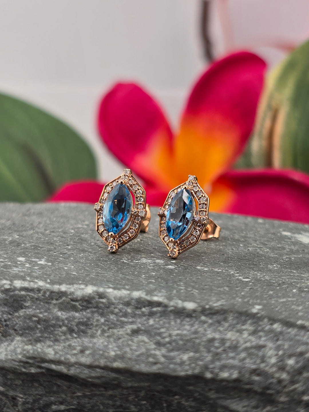 10k Rose Gold London Blue Topaz & Natural Diamond Post Back Earrings