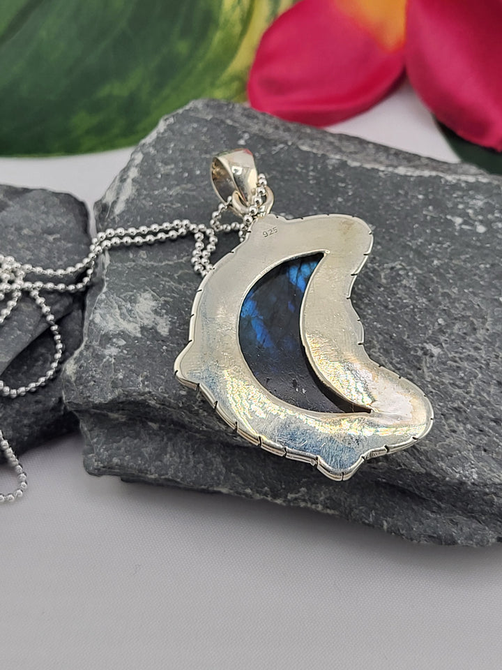Carved Blue Labradorite Crescent Moon Necklace