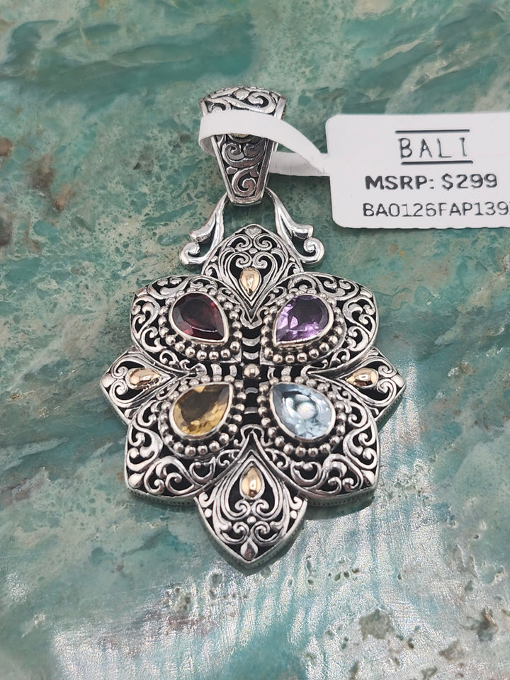Bali 925 Sterling Silver/18K and Mixed Gemstone Pendant