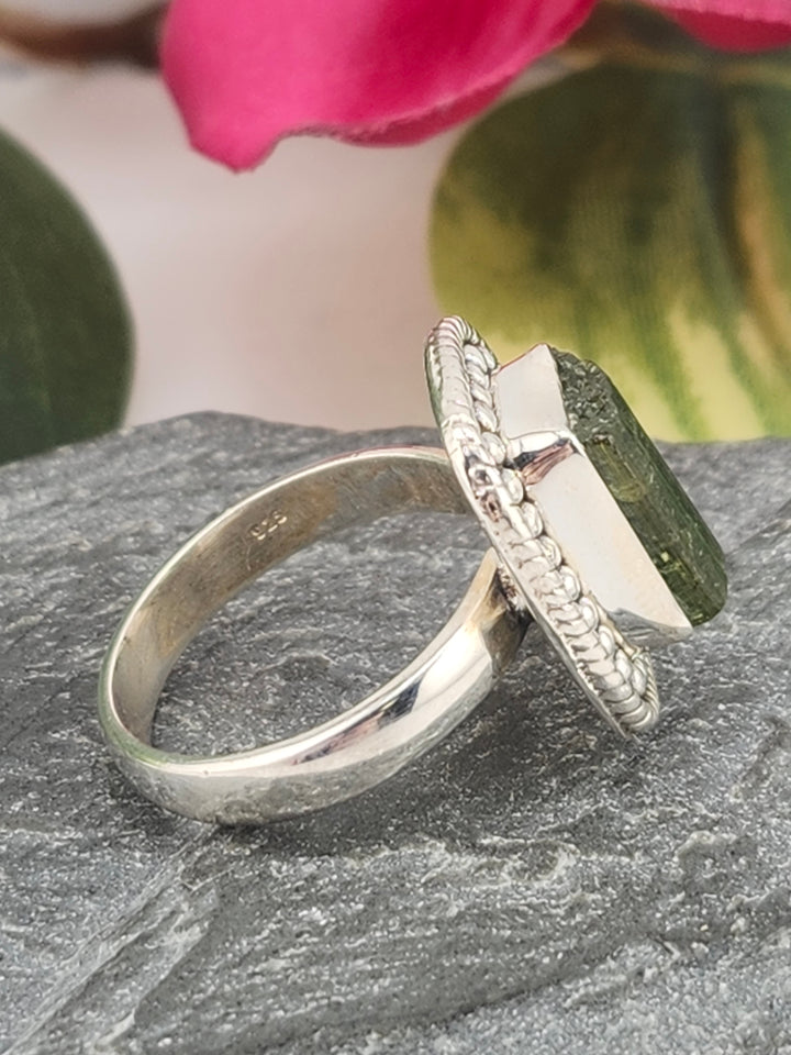 Raw Green Tourmaline and 925 Sterling Silver Ring - Size 7