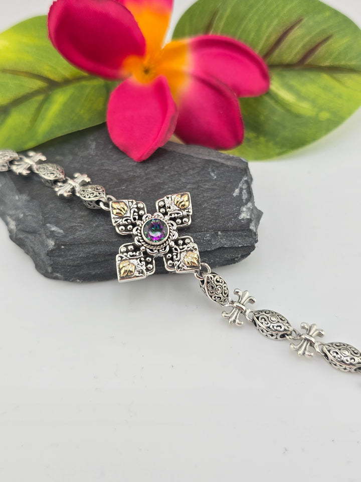 Real Mystic Topaz 925 Sterling Silver and 18k Gold Accented Bali Bracelet Adj 7.5" to 8"