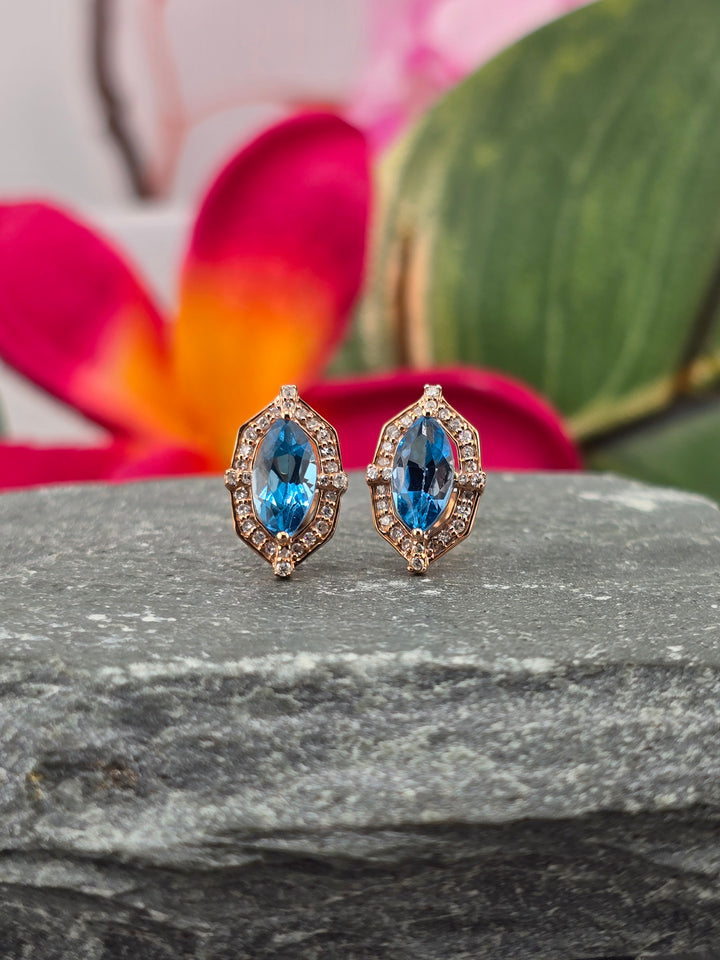 10k Rose Gold London Blue Topaz & Natural Diamond Post Back Earrings