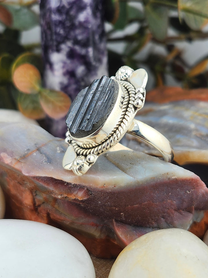 Raw Black Tourmaline 925 Sterling Silver Ring Size 9