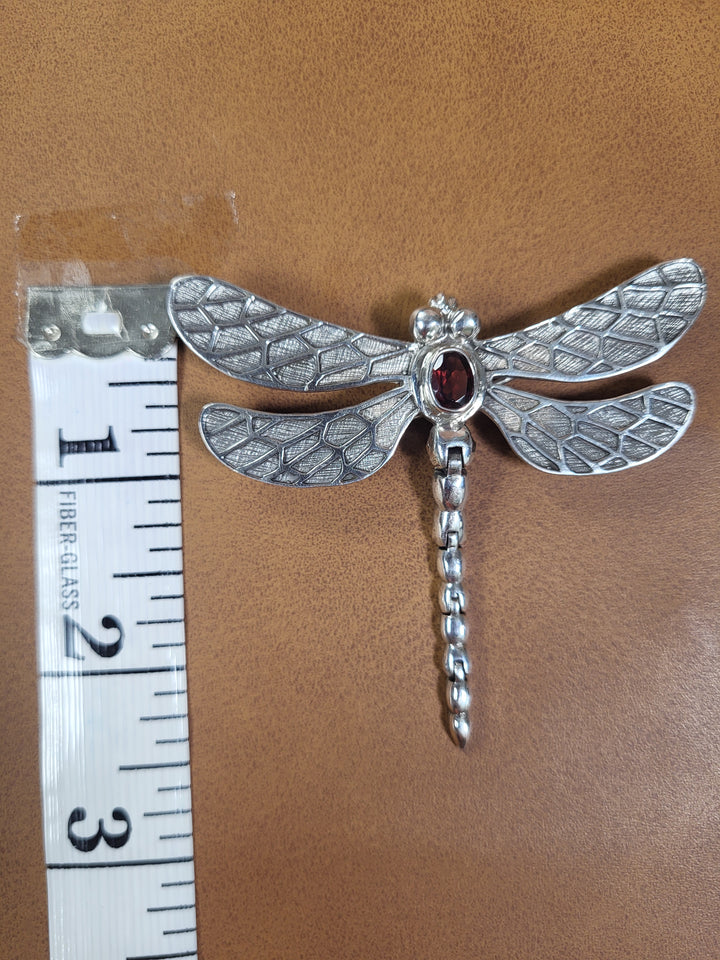 Narural Garnet 925 Sterling Silver Dragonfly with Articulated Tail Pin/Pendant -
