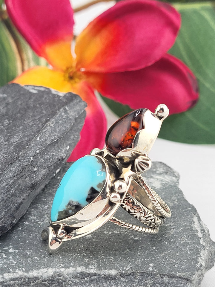 Turquoise & Baltic Amber Ring Size 6