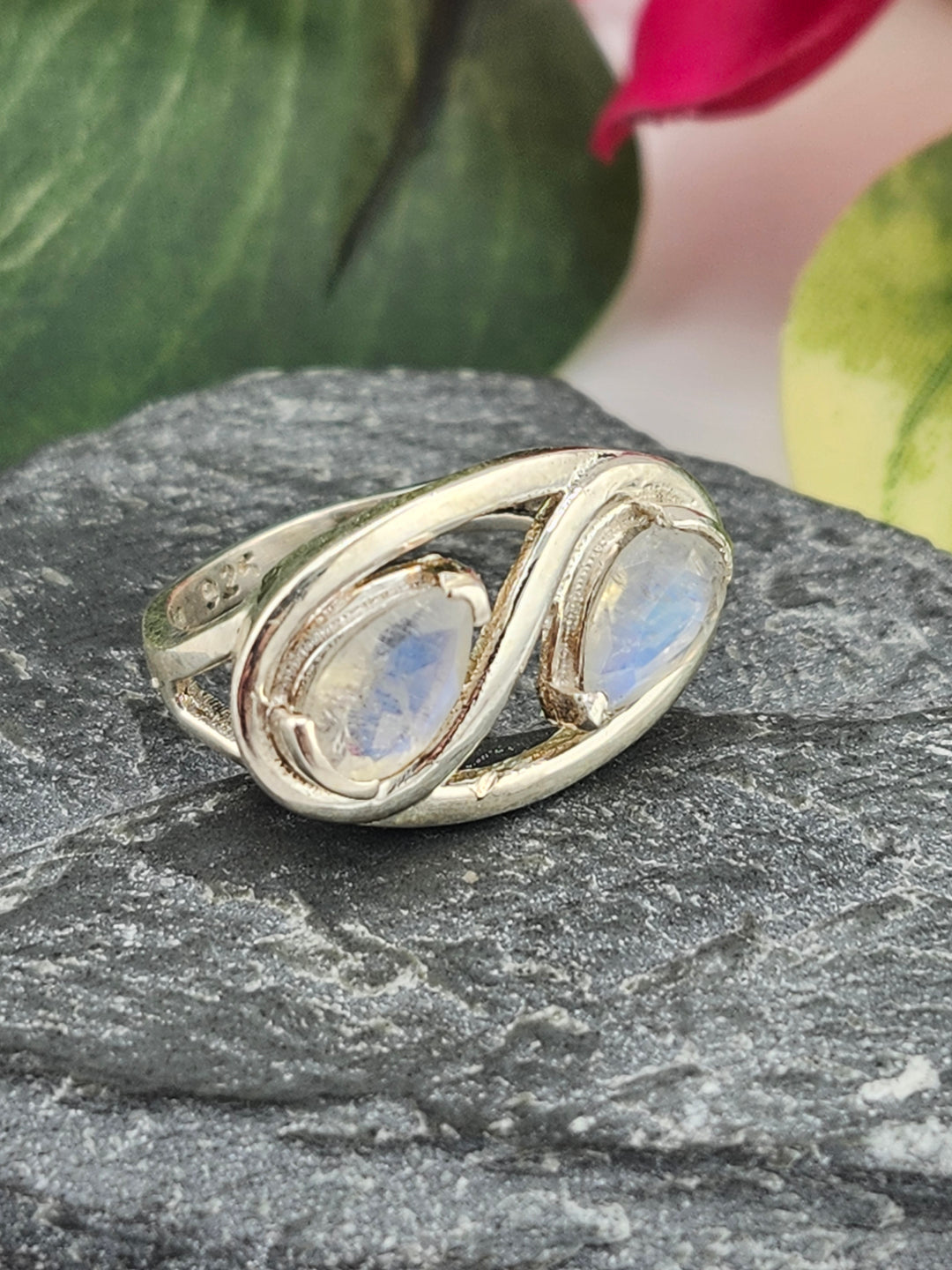 Double Moonstone and 925 Sterling Silver Ring - Size 6